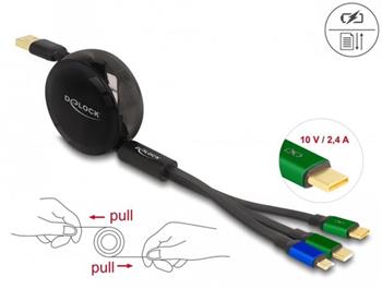 Delock Zatažitelný nabíjecí USB kabel 3 v 1 z Typu-A na Micro USB / 2 x USB Type-C™ s rychlým nabíjením, černý