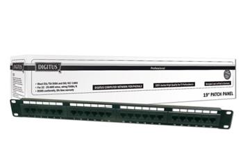 DIGITUS CAT 5e patch panel, nestíněný, 24 portů RJ45, 8P8C, LSA, 1U, do stojanu, černý, 482x44x109 DIGITUS CAT 5e patch panel, nestíněný, 24 portů RJ45, 8P8C, LSA, 1U, do stojanu, černý, 482x44x109